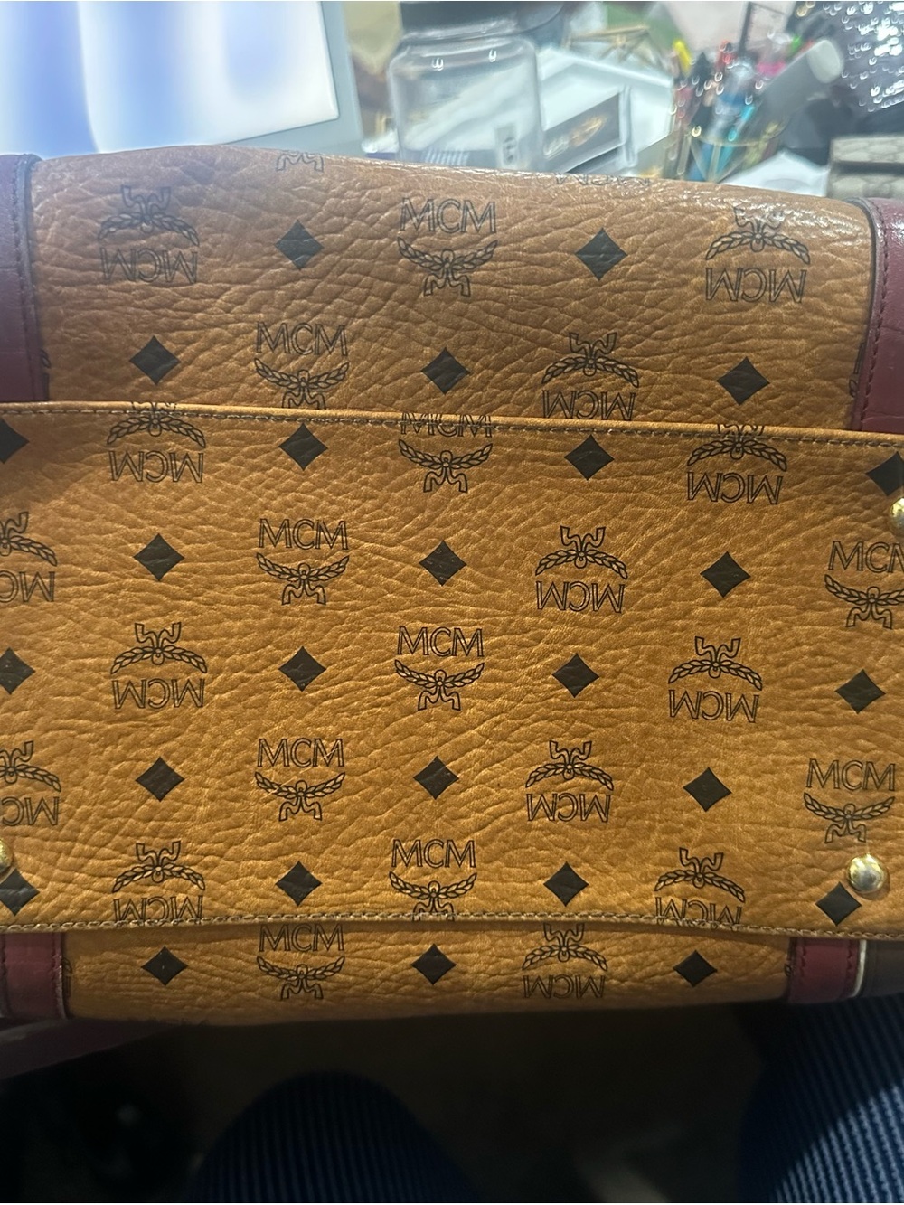 MCM Cognac Logo Tote with Burgundy & Brown Straps - Picture 2 of 6